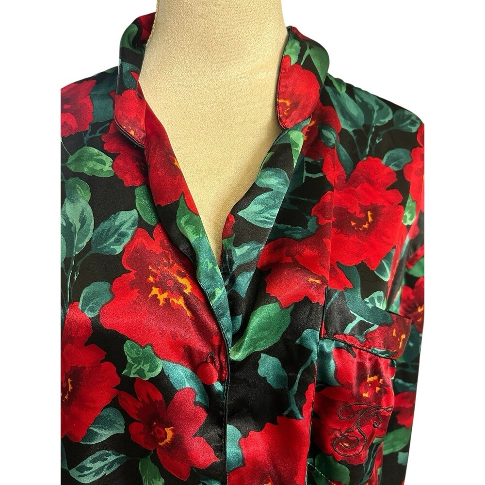 Victoria Secret Vintage 90' Floral Satin Red Black Green Night Shirt Sleepwear M - Picture 2 of 9